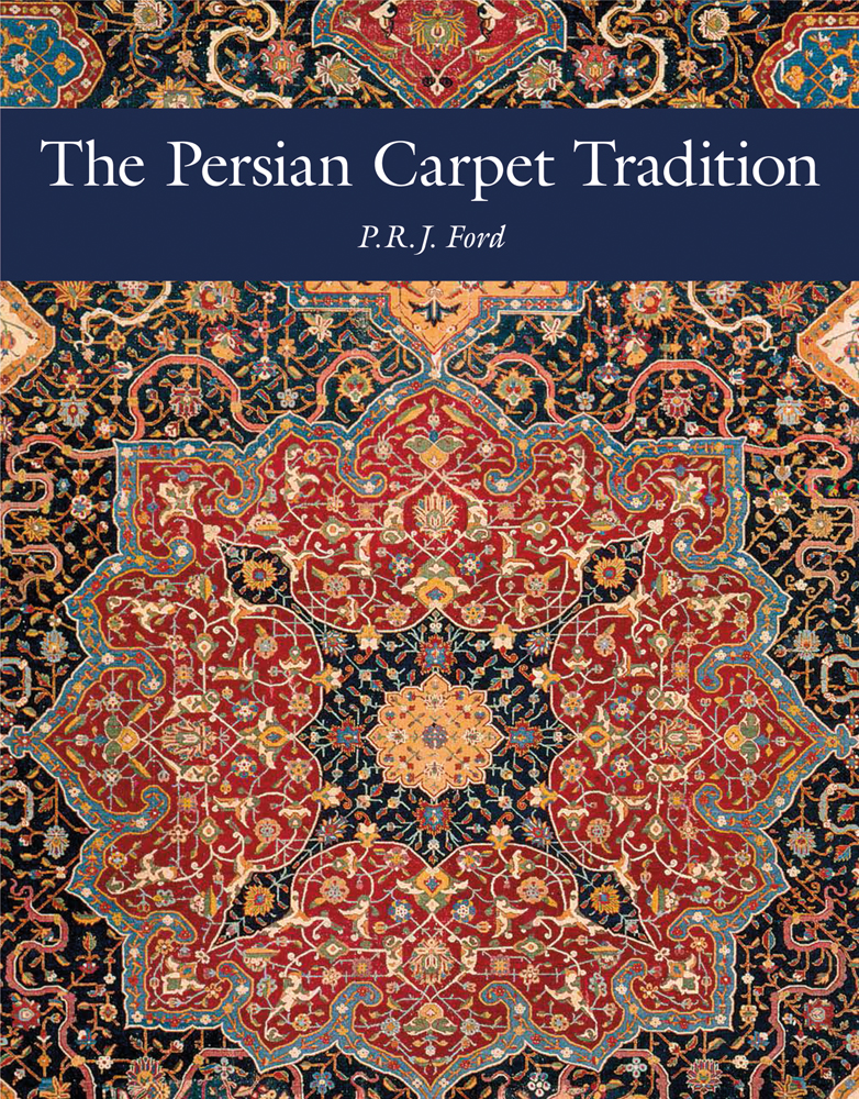 Red and blue medallion design carpet design, The Persian Carpet Tradition in white font on navy banner to top