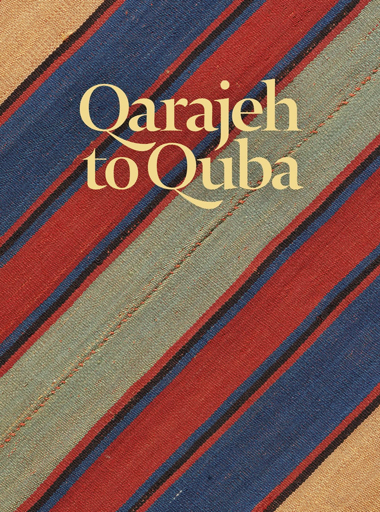 Striped flatweave textile in pale green, blue and red, on cover of 'Qarajeh to Quba', by Hali Publications.