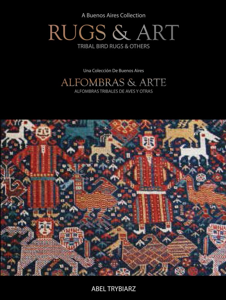 Colourful woven rug with figures in traditional dress, and animals, on cover of 'Rugs & Art', by Hali Publications.