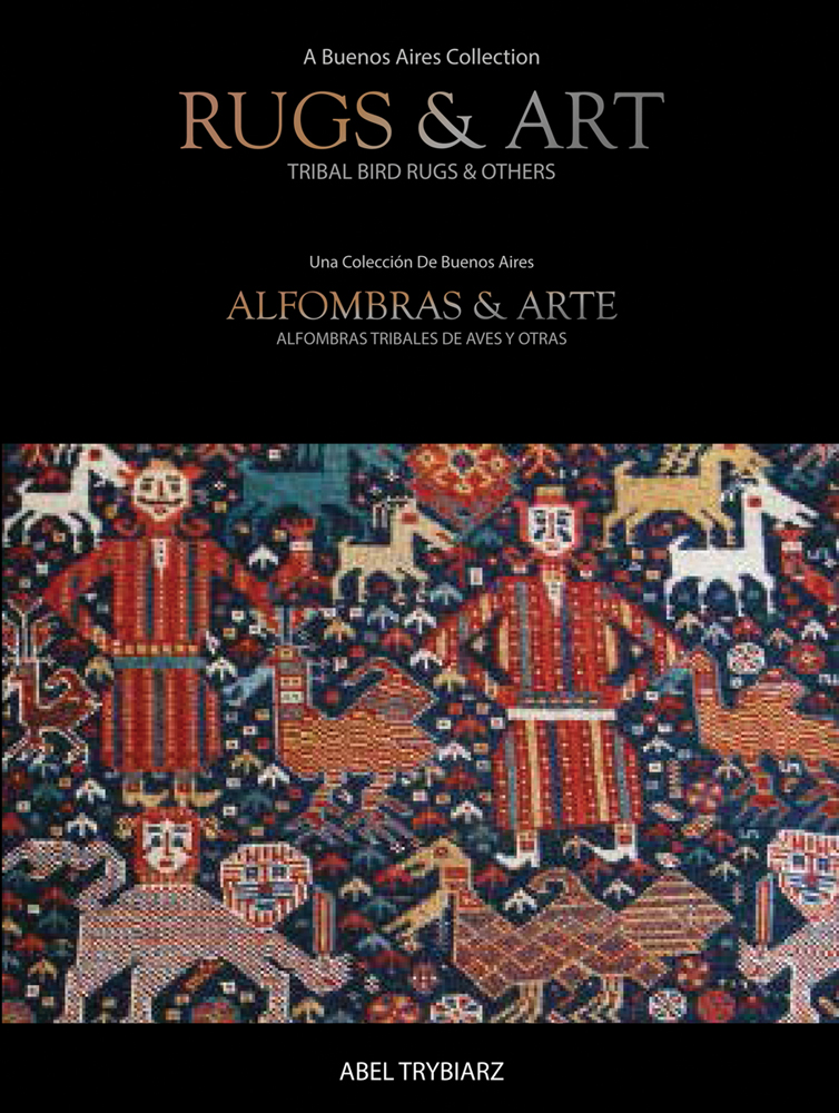 Colorful woven rug with figures in traditional dress, and animals, on cover of 'Rugs & Art', by Hali Publications.