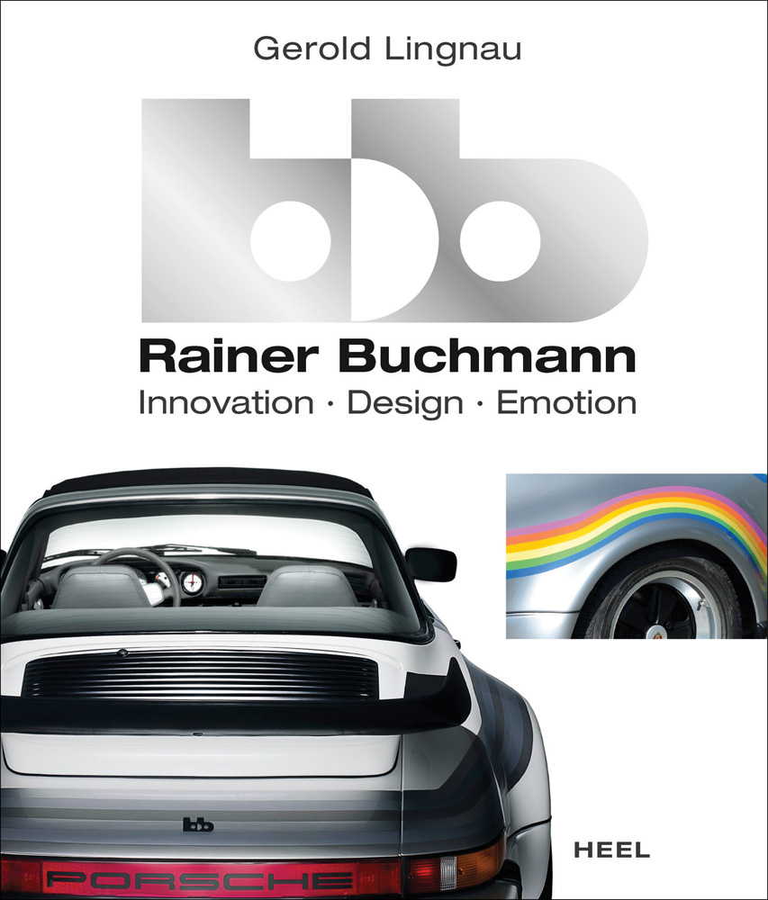 Rear of grey Porsche cabriolet, on white cover, bb in large grey font above, Rainer Buchmann beneath in black font