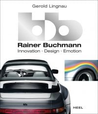 Rear of grey Porsche cabriolet, on white cover of 'bb - Rainer Buchmann, Innovation - Design - Emotion', by HEEL.
