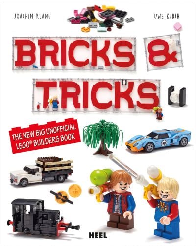 White cover with 2 LEGO characters, LEGO car, train, tree and truck and Bricks & Tricks in red LEGO bricks above.