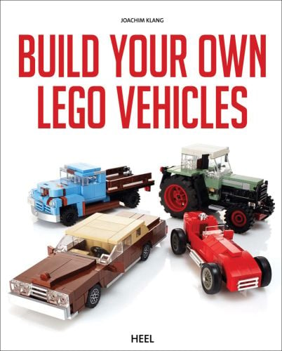 LEGO models of tractor, American car, racing car and flat bed truck, white cover, BUILD YOUR OWN LEGO VEHICLES in red font above