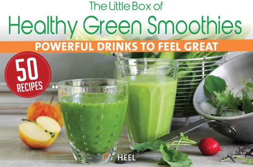 Two glasses of green smoothies, a halved apple and a radish, on cover of 'The Little Box of Healthy Green Smoothies, Powerful Drinks to Feel Great', by HEEL.