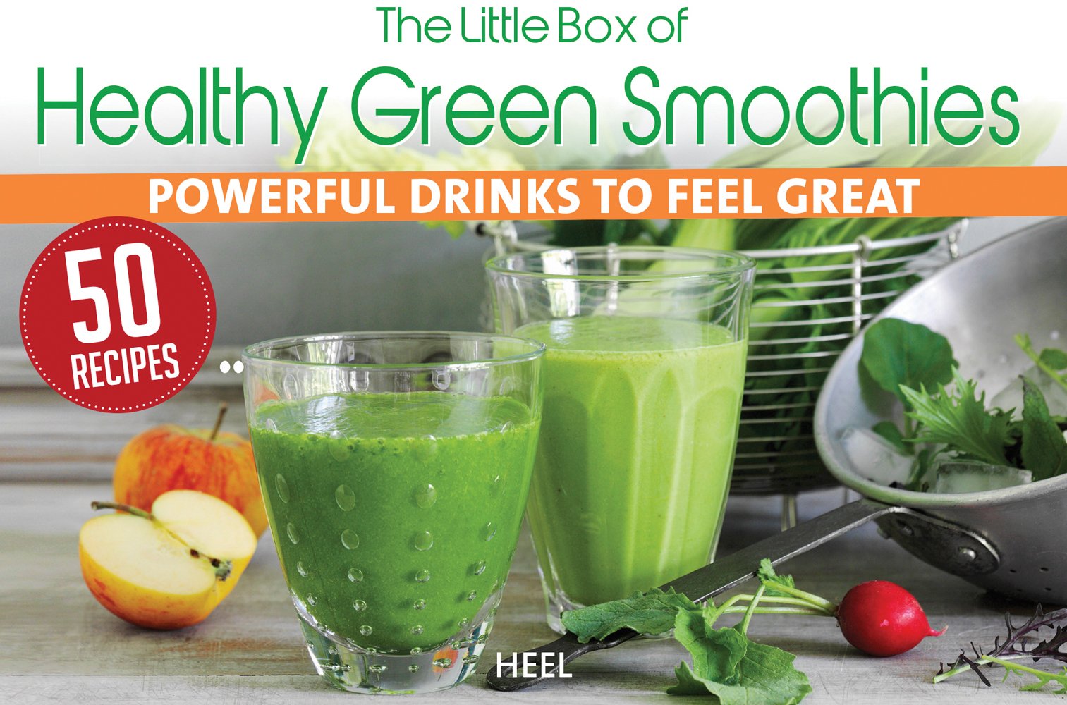 Two glasses of green smoothies, a halved apple and a radish, on cover of 'The Little Box of Healthy Green Smoothies, Powerful Drinks to Feel Great', by HEEL.