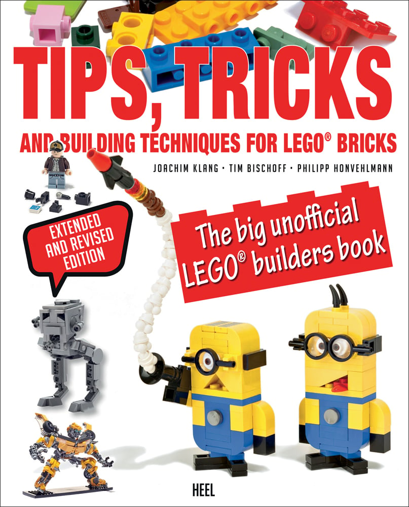 Yellow minions made of Lego bricks, pirate Lego, white cover, TIPS, TRICKS & BUILDING TECHNIQUES FOR LEGO in red font above