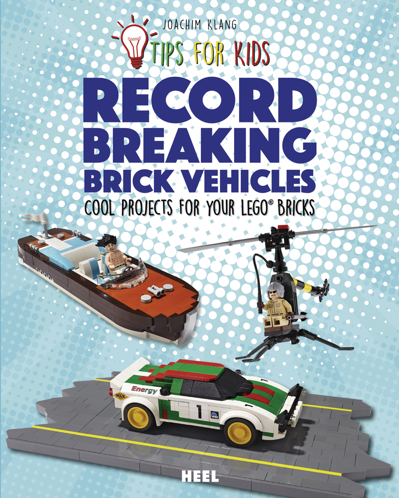Racing car, speedboat and helicopter made of Lego bricks on pale blue and white cartoon cover, RECORD BREAKING BRICK VEHICLES in blue font above