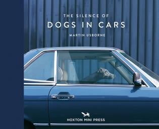 Side view of blue car with long necked dog waiting inside, on landscape cover of 'The Silence of Dogs in Cars', by Hoxton Mini Press.