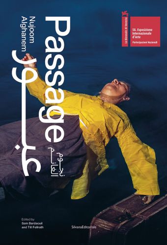 Book cover of Passage: Nujoom Alghanem; featuring a person floating in water, holding a suitcase. Published by Silvana.