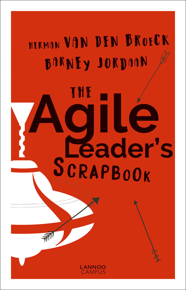 White spinning top and 3 arrows on orange cover of 'The Agile Leader's Scrapbook', by Lannoo Publishers.