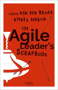 White spinning top and 3 arrows on orange cover of 'The Agile Leader's Scrapbook', by Lannoo Publishers.