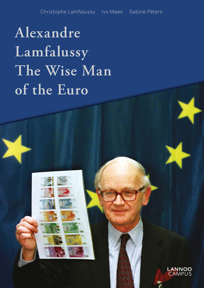 Alexandre Lamfalussy holding up a sheet of printed money, on cover of 'Alexandre Lamfalussy. The Wise Man of Euro', by Lannoo Publishers.