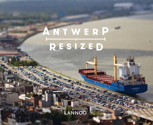 Large container ship floating in dock, near carpark, on cover of 'Antwerp Resized', by Lannoo Publishers.