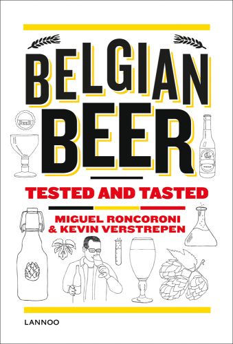 BELGIAN BEER in black font, yellow drop shadow, on white cover, line drawings of bottle, glass, hops, test tube