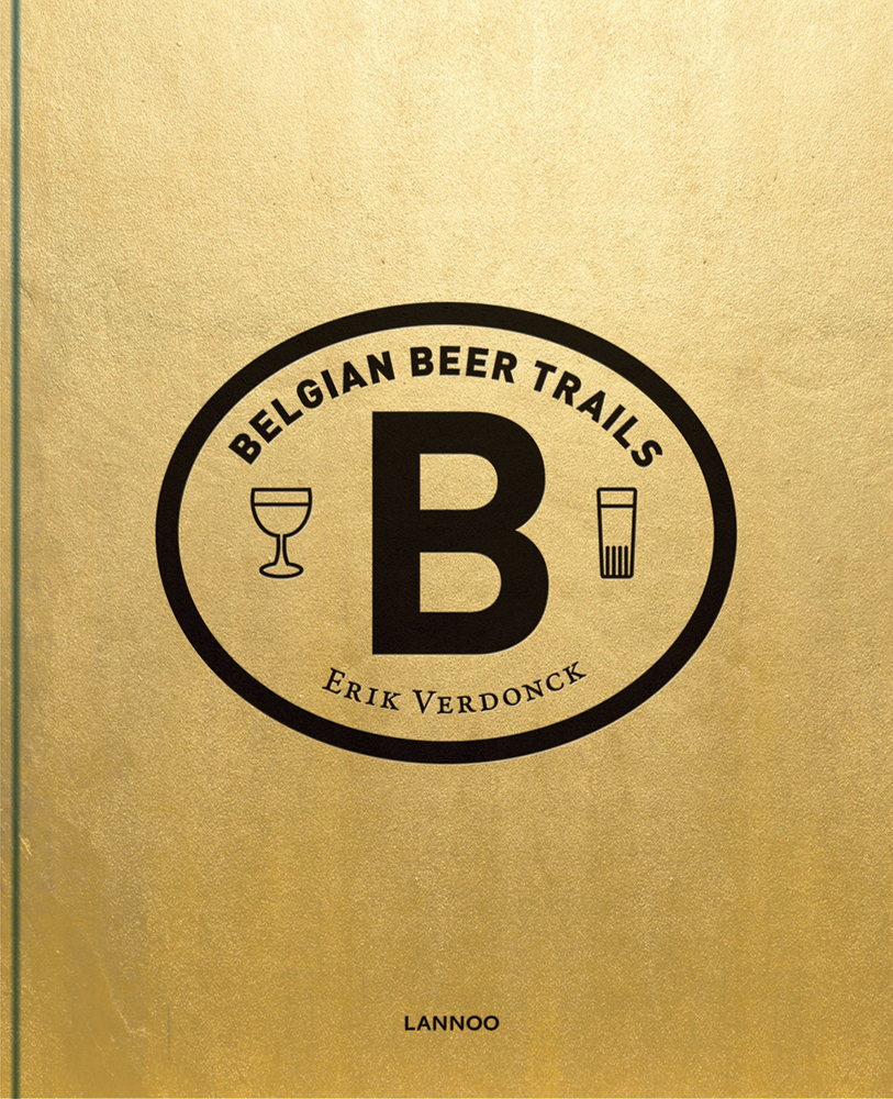 Bright gold cover with two beer glasses on 'Belgian Beer Trails', by Lannoo Publishers.