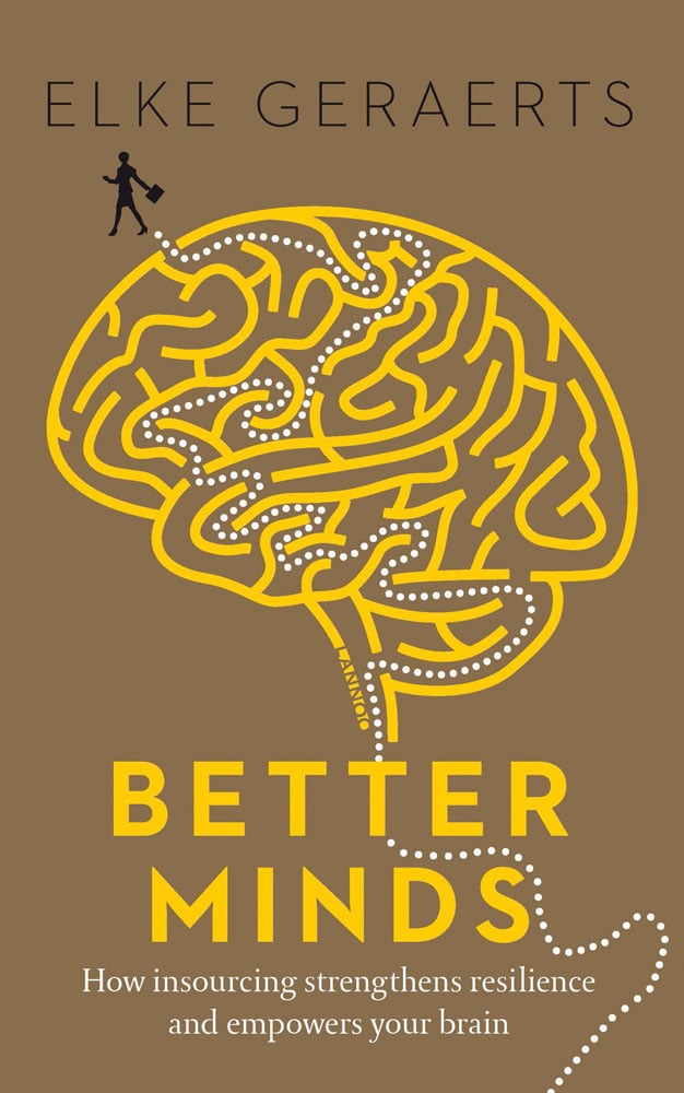 Dotted pathway leading out of yellow brain illustration, figure at top, on cover of 'Better Minds, How Insourcing Strengthens Resilience and Empowers Your Brain', by Lannoo Publishers.