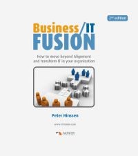 Puzzle pieces between two groups of people, on cover of 'Business/IT Fusion', by Lannoo Publishers.