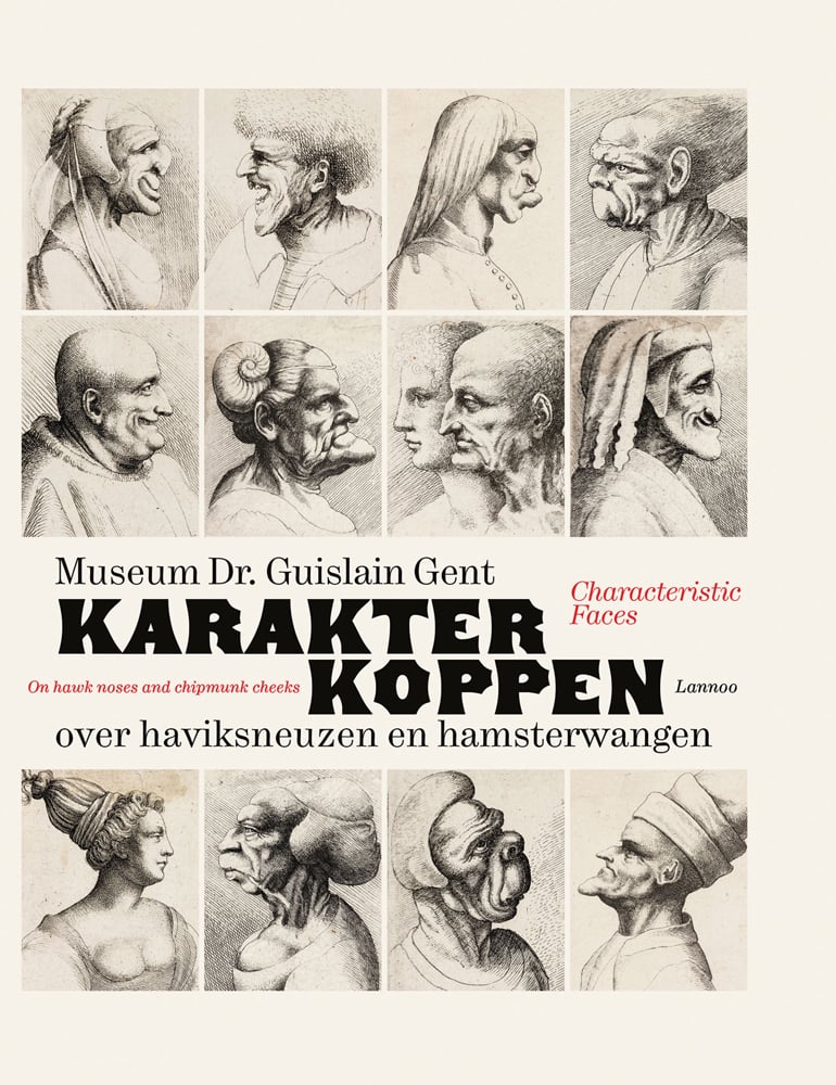 Portraits of people with exaggerated noses and chins, on cover of 'Characteristic Faces, On Hawk Noses and Chubby Cheeks', by Lannoo Publishers.