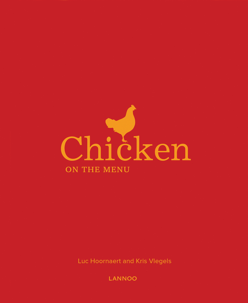 Orange chicken on red cover of 'Chicken on the Menu', by Lannoo Publishers.