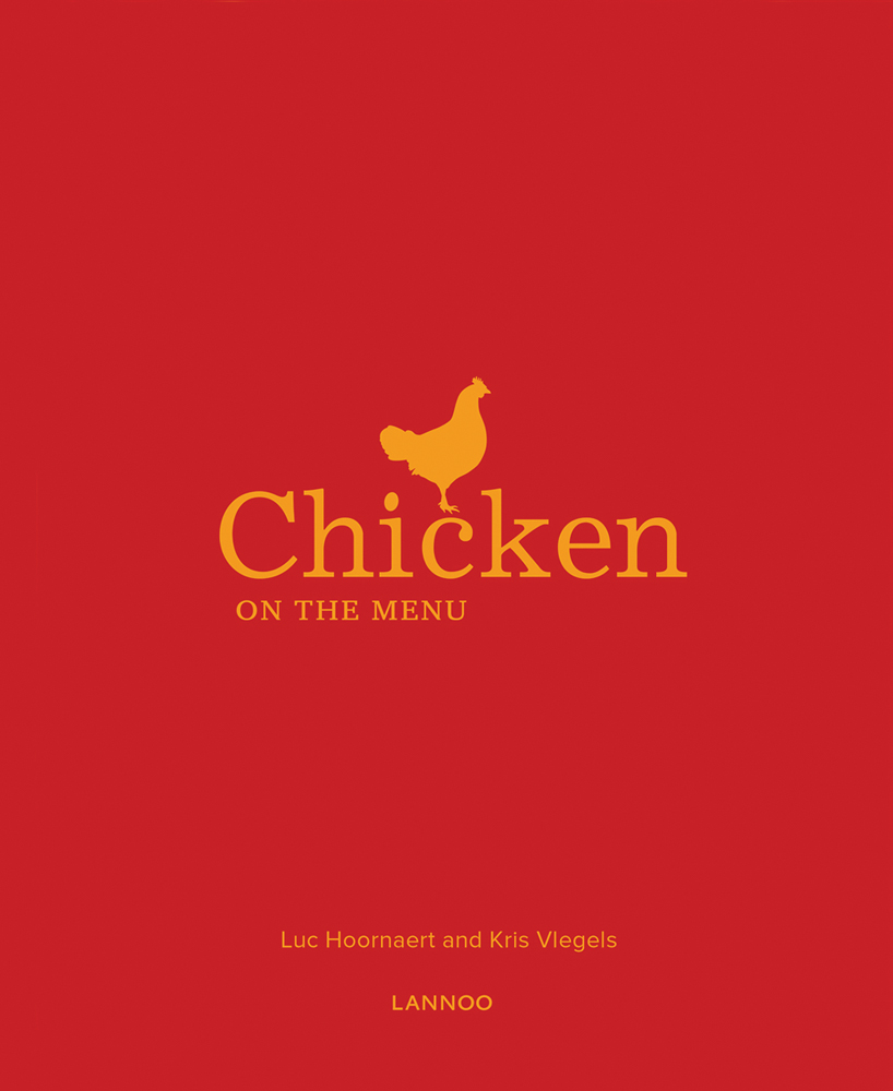 Orange chicken on red cover of 'Chicken on the Menu', by Lannoo Publishers.