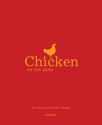 Orange chicken on red cover of 'Chicken on the Menu', by Lannoo Publishers.