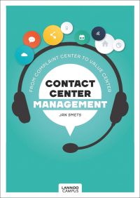 Black telephone headset, on mint cover of 'Contact Center Management, From Complaint Department to Value Center', by Lannoo Publishers.