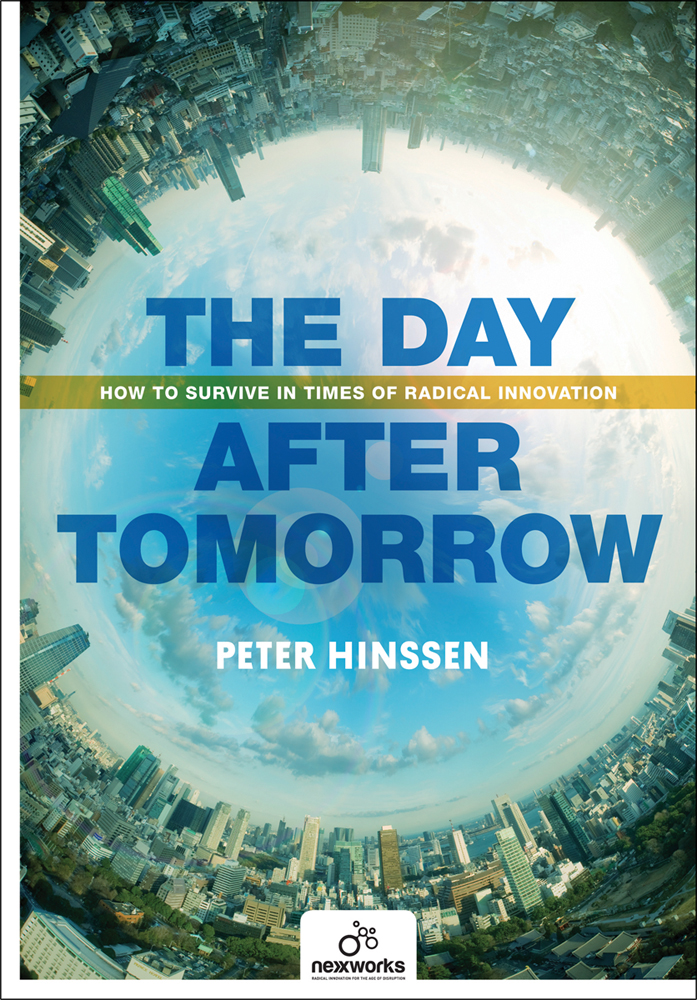 Fish eye lens of built up cityscape, on cover of 'The Day After Tomorrow, How to Survive in Times of Radical Innovation', by Lannoo Publishers.