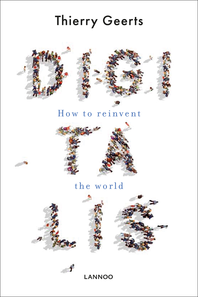 Groups of people forming the word 'Digitalis', on white cover, by Lannoo Publishers.