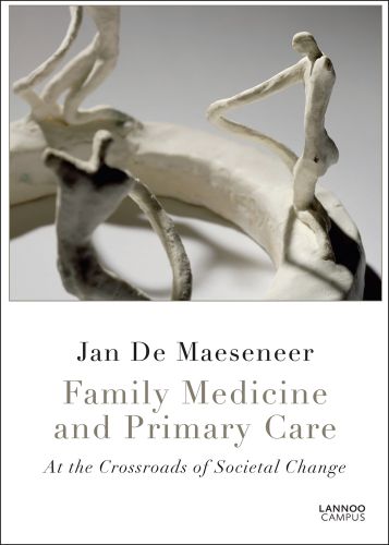 Cream sculpture of 3 three stick figures on hoop, on cover of 'Family Medicine and Primary Care, At the Crossroads of Societal Change', by Lannoo Publishers.