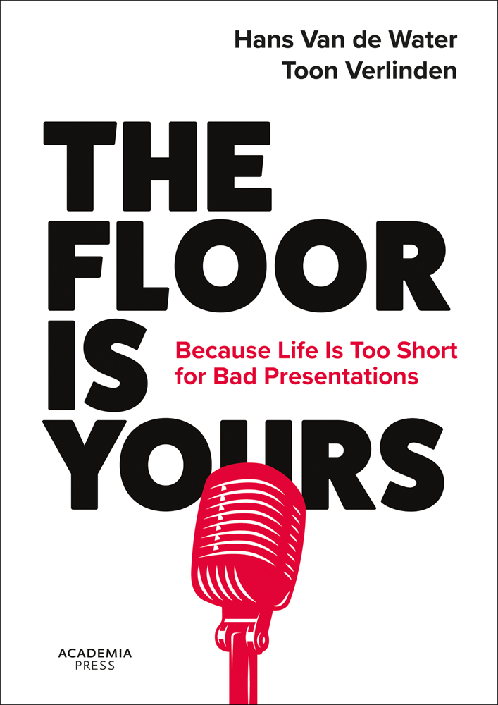 Pink 50s microphone, on white cover of 'The Floor is Yours, Because Life Is Too Short for Bad Presentations', by Lannoo Publishers.