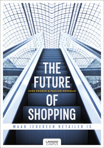 View from bottom of stair escalator, glass roof above, The Future of Shopping in white font
