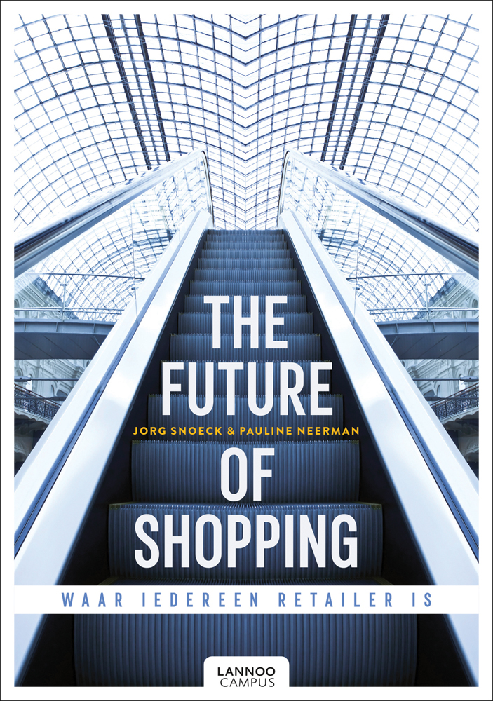 View from bottom of shopping centre escalator, looking up to glass roof, on cover of 'The Future of Shopping, Where Everyone is in Retail', by Lannoo Publishers.