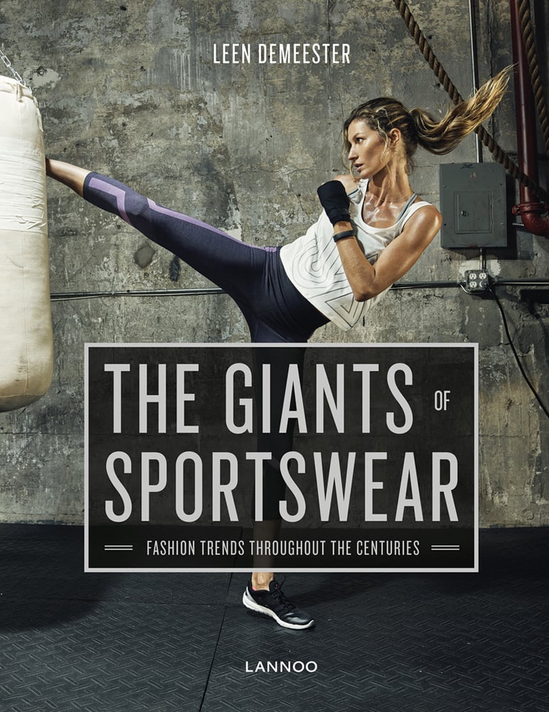 Sports model wearing purple and white lycra, kicking boxing bag, on cover of 'The Giants of Sportswear, Fashion Trends Throughout the Centuries', by Lannoo Publishers.