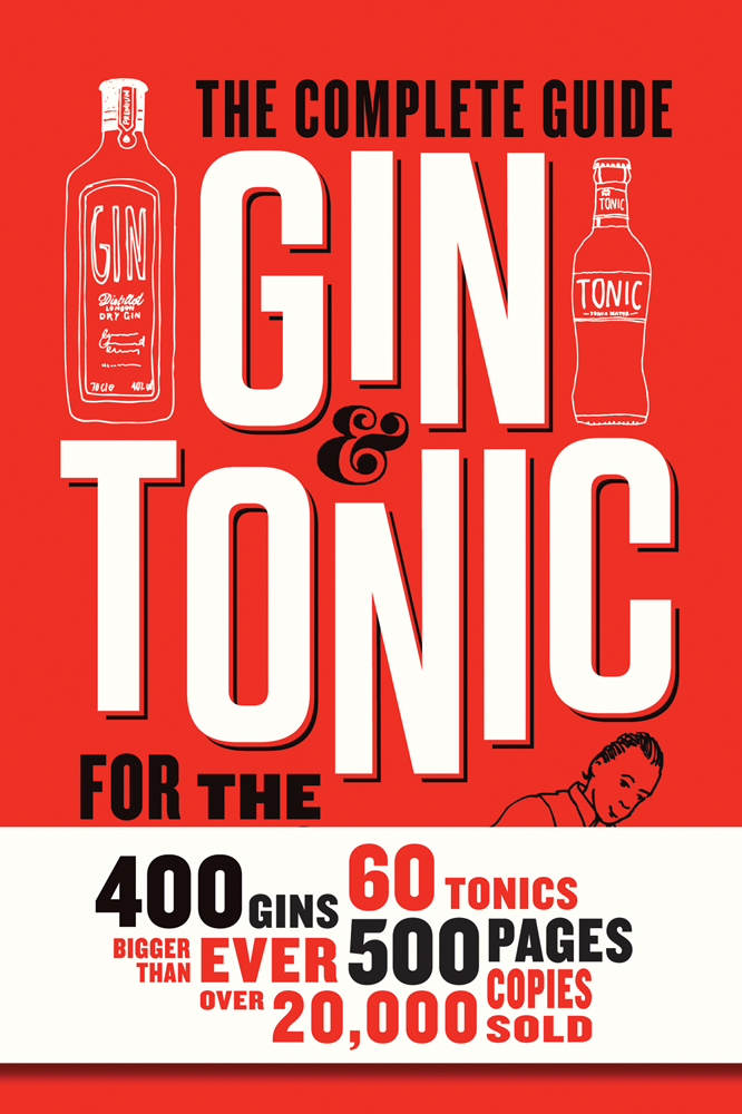 Two gin bottles on red cover of 'Gin and Tonic, The Complete Guide for the Perfect Mix', by Lannoo Publishers.