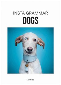 White lurcher with one blue and eye, one brown, light blue dog collar, on white cover of 'Insta Grammar Dogs', by Lannoo Publishers.