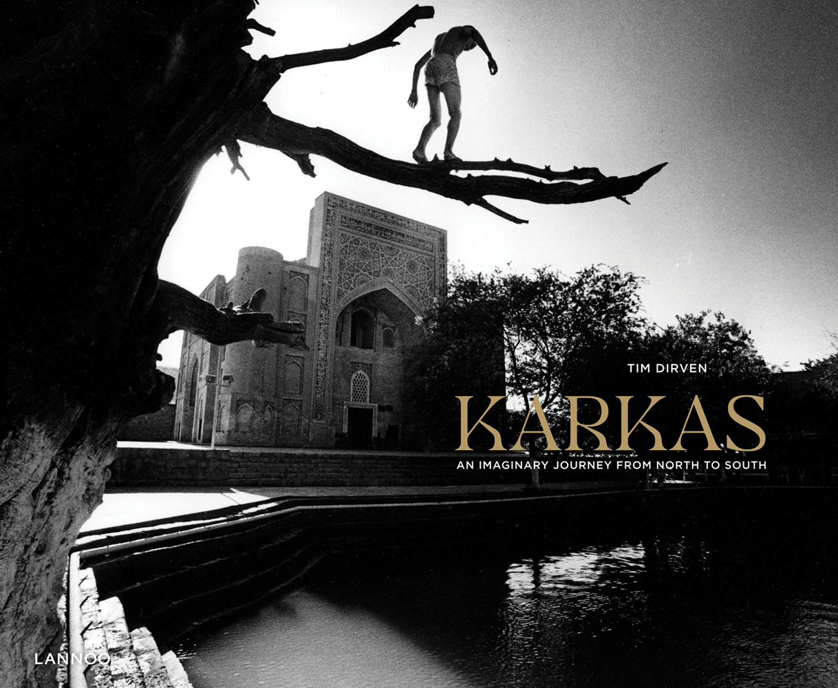 Figure standing on bare tree branch over pool, temple building behind, on cover of 'Karkas - Tim Dirven, An Imaginary Journey from North to South', by Lannoo Publishers.