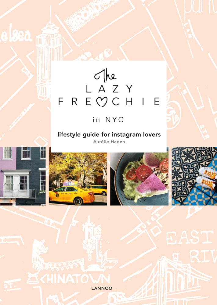 THE LAZY FRENCHIE IN NYC in black font on white centre square, peach street map, avocado on toast