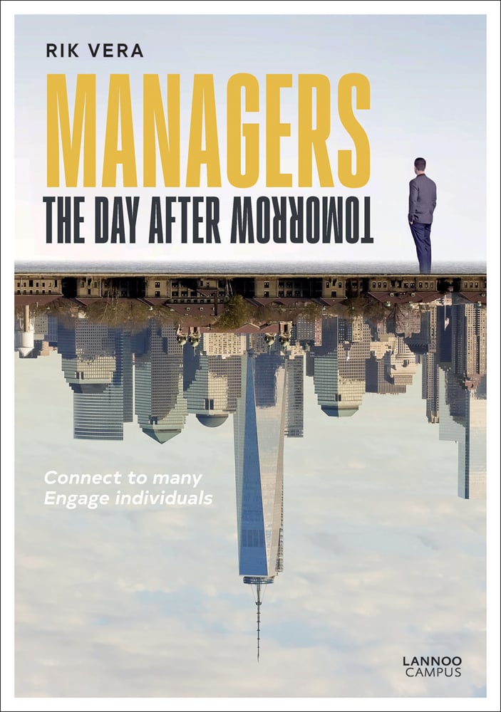 Upside-down view of New York City skyline, on cover of 'Managers the Day After Tomorrow, Connect to Many, Engage Individuals', by Lannoo Publishers.