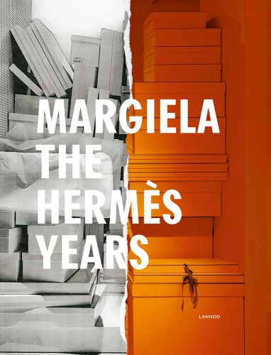 MARGIELA THE HERMÈS YEARS in white font on images in orange and grey, of shelved books and boxes