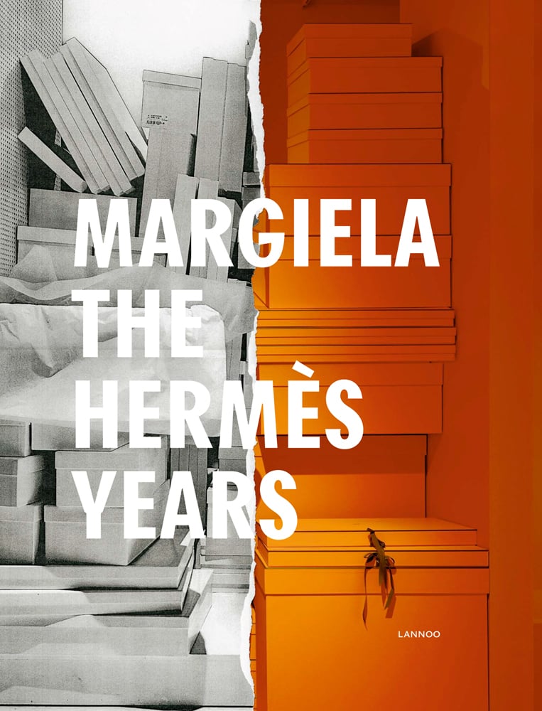 Book cover of Margiela. The Hermès Years, with a stack of white boxes. by Lannoo Publishers.
