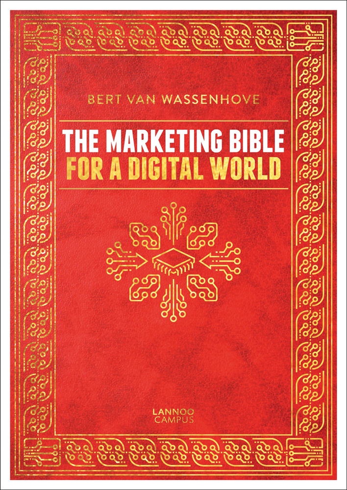 Red cover with gold decorative border of 'The Marketing Bible for a Digital World', by Lannoo Publishers.