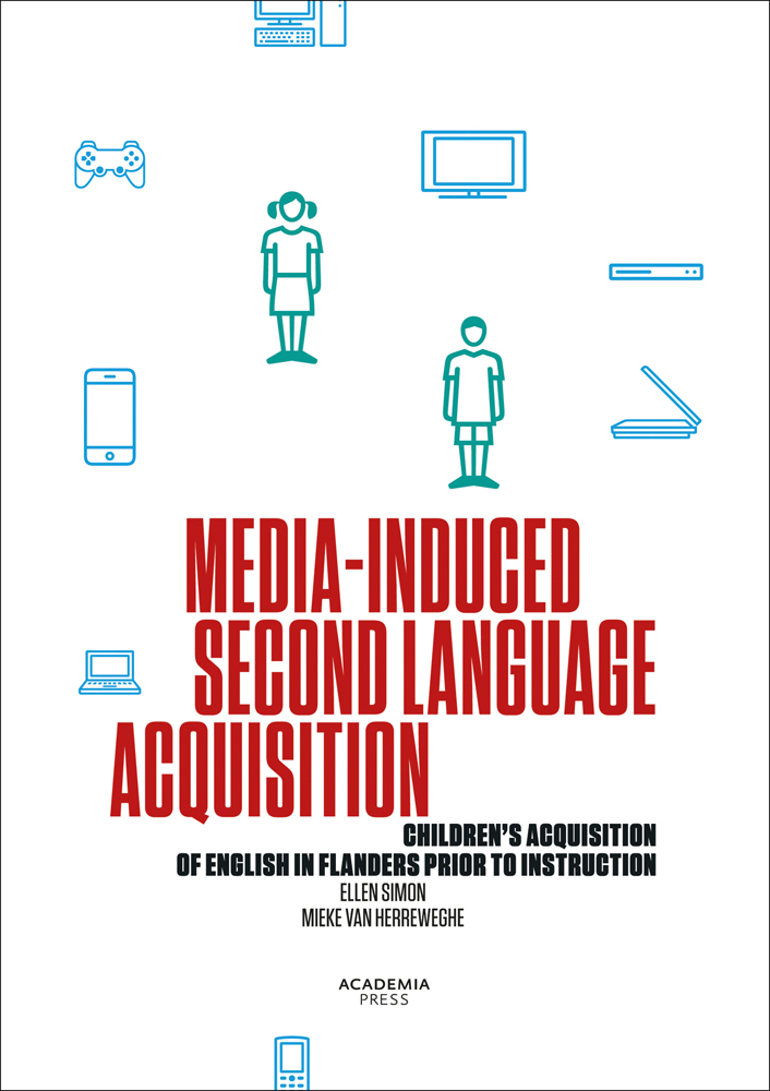 Television, computer console, laptop, smartphone, on white cover of 'Media-Induced Second Language Acquisition', by Lannoo Publishers.