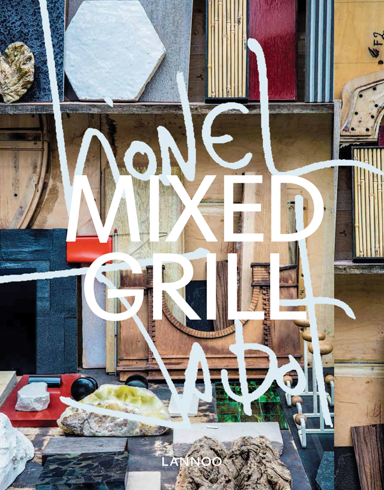 Workshop off wood off-cuts, slabs, and stones, on cover of 'Mixed Grill, Objects and Interiors', by Lannoo Publishers.