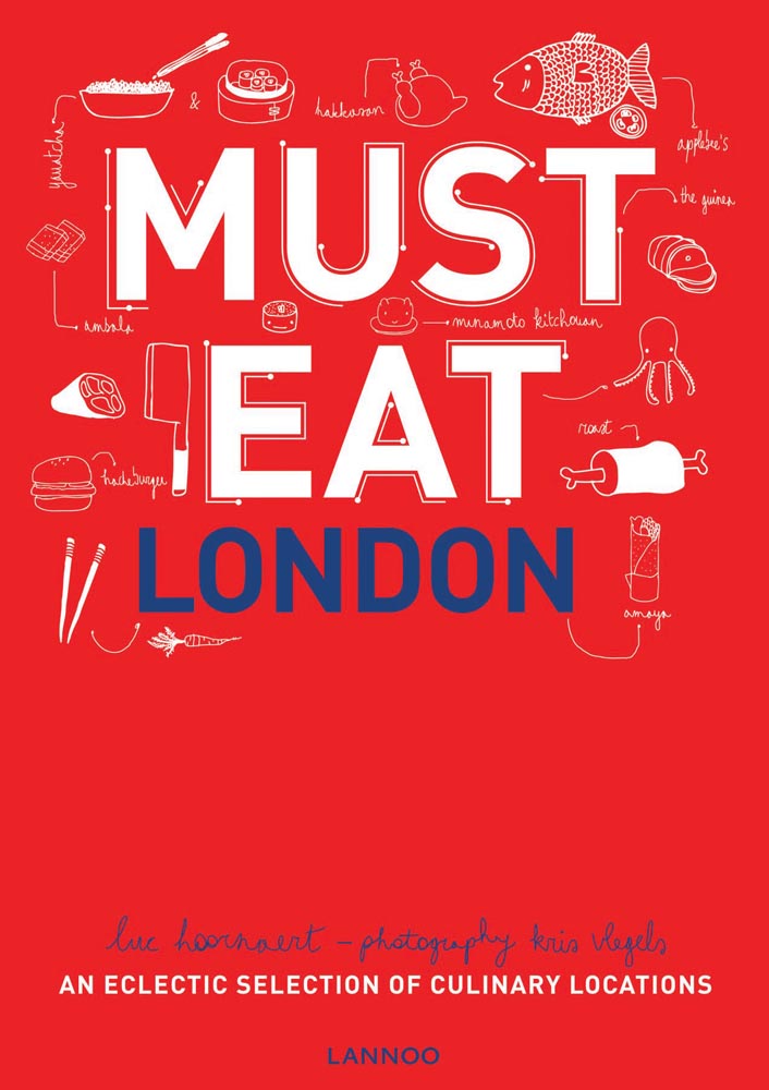 Burger, ham hock and fish, on red cover of 'Must Eat London, An Eclectic Selection of Culinary Locations', by Lannoo Publishers.