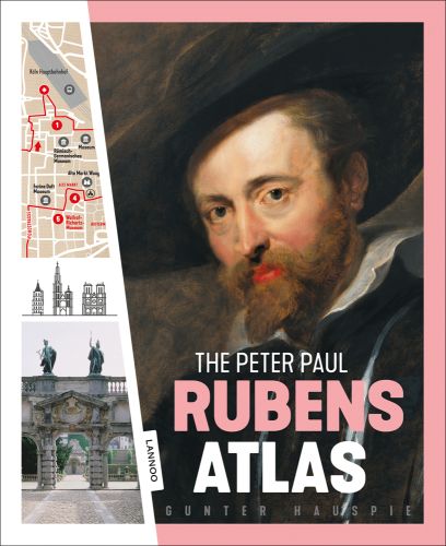 Self-portrait painting, city map, on cover of 'The Peter Paul Rubens Atlas, The Great Atlas of the Old Flemish Masters', by Lannoo Publishers.