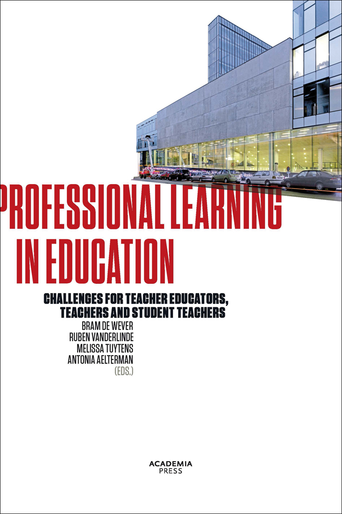 Glass building on white cover of 'Professional learning in education, Challenges for teacher educators, teachers and student teachers', by Lannoo Publishers.