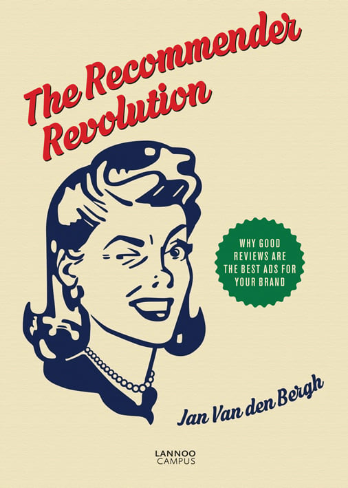 Head of woman winking, on cream cover of 'Recommender Revolution', by Lannoo Publishers.