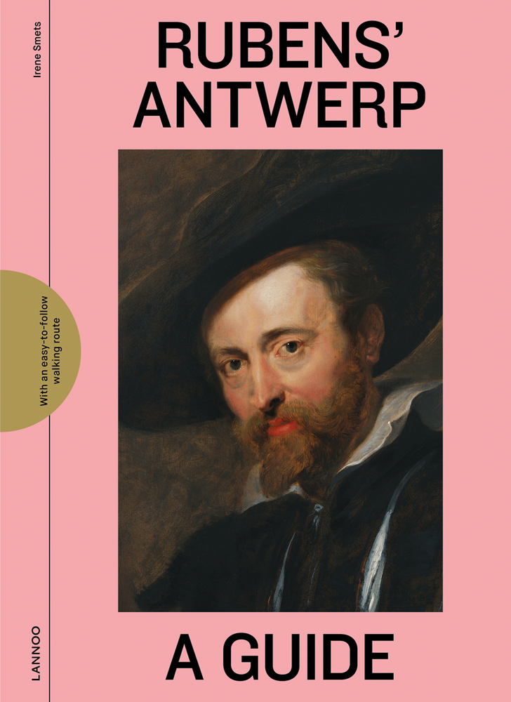 Self portrait of Rubens in black hat, on pink cover of 'Rubens' Antwerp, A Guide', by Lannoo Publishers.
