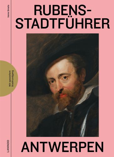 Self portrait of Rubens in black hat, on pink cover of 'Rubens Stadtführer Antwerpen', by Lannoo Publishers.